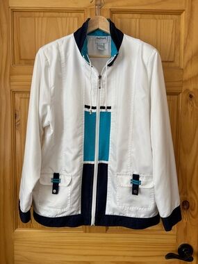 Vintage BonWorth White Navy Teal Zip Front Jacket Women's Medium